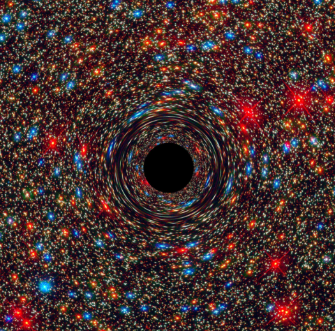  computer-simulated image shows a supermassive black hole at the core of a galaxy