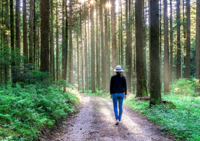 A woman walking through the forest