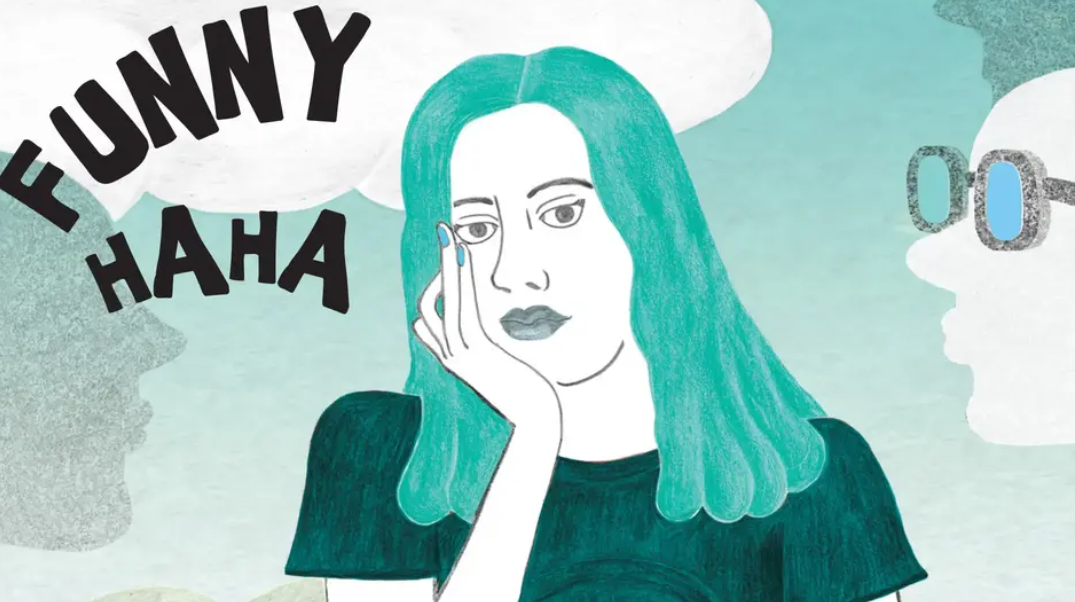 Drawing of a woman with blue hair with her head in her hand