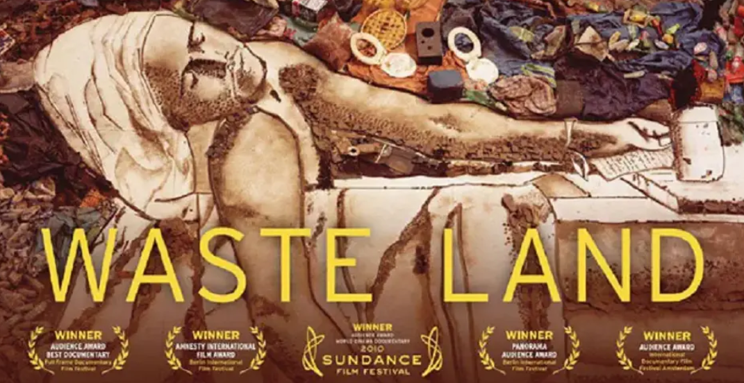 A painting of a ancient man surrounded by trash